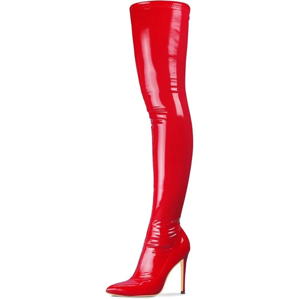 Women Red Patent pu Side Zipper Stiletto High Heel Over The Knee Comfy Boots